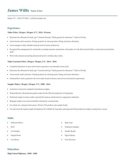 Tailor Fitter Resume