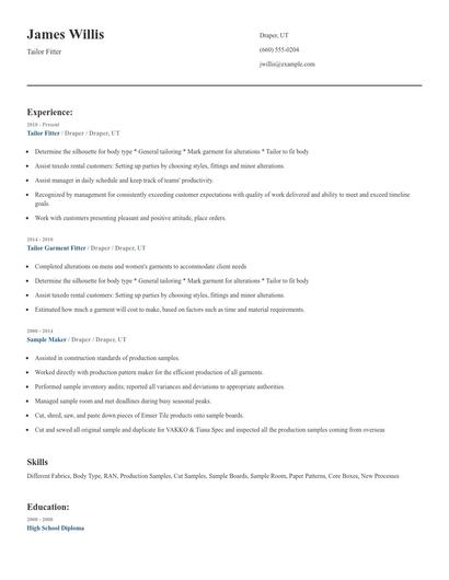 Tailor Fitter Resume