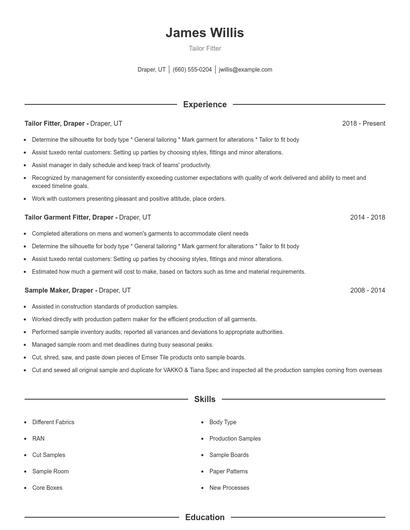 Tailor Fitter Resume