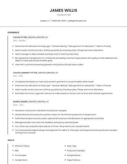 Tailor Fitter Resume