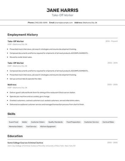 Take-Off Worker Resume