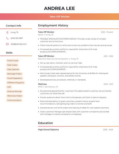 Take-Off Worker Resume