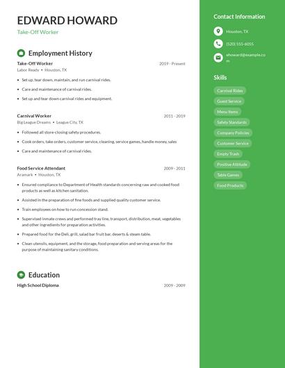 Take-Off Worker Resume