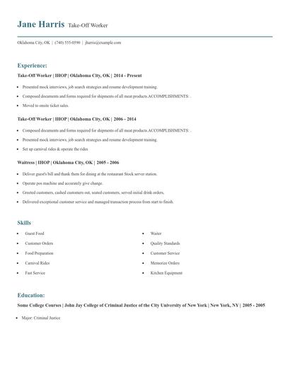 Take-Off Worker Resume