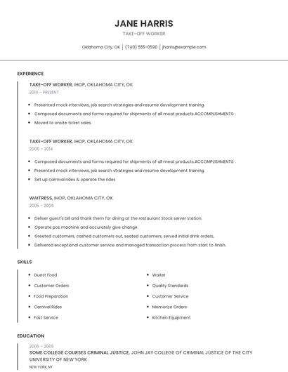 Take-Off Worker Resume
