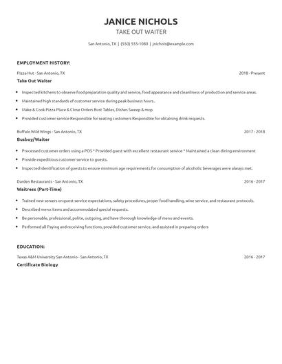 Take Out Waiter Resume