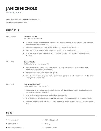 Take Out Waiter Resume