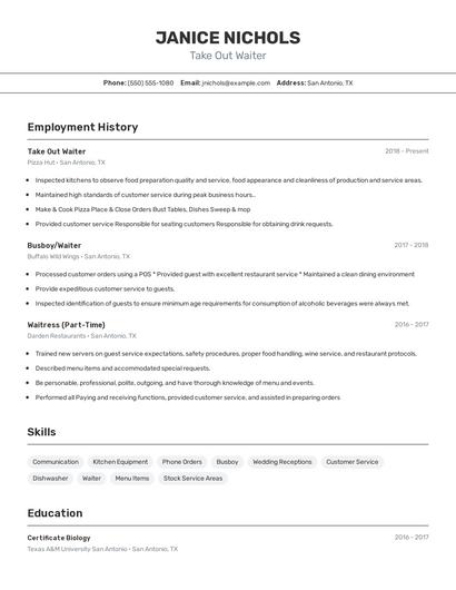 Take Out Waiter Resume