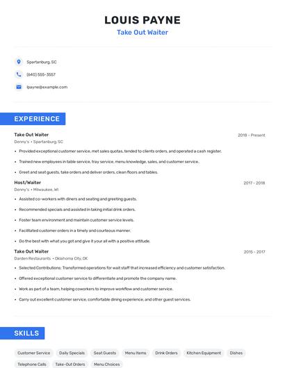 Take Out Waiter Resume