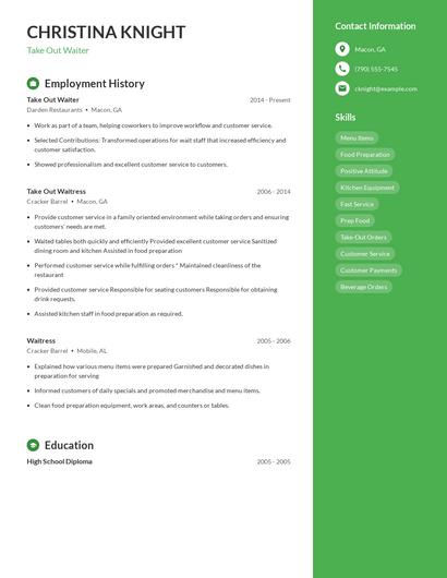 Take Out Waiter Resume