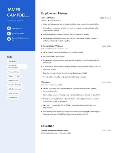 Take Out Waiter Resume