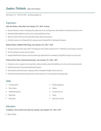 Take Out Waiter Resume