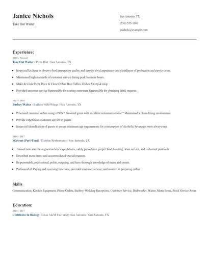 Take Out Waiter Resume