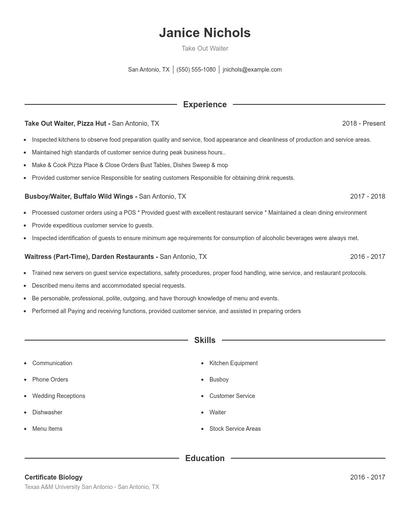Take Out Waiter Resume
