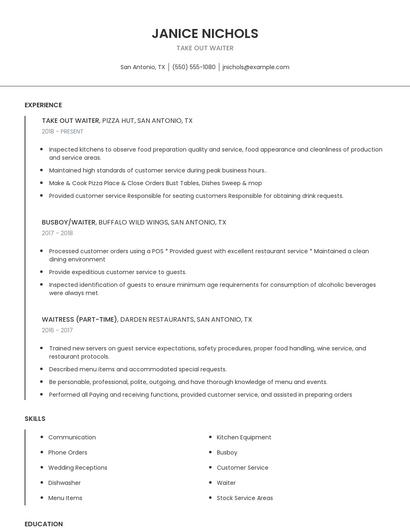 Take Out Waiter Resume