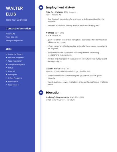 Take Out Waitress Resume