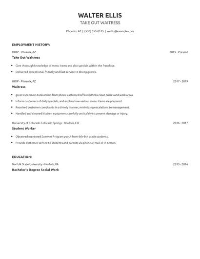 Take Out Waitress Resume