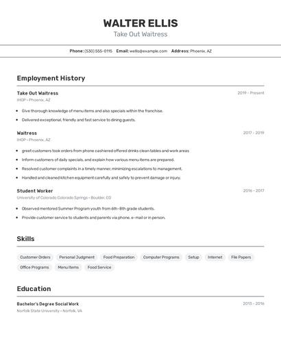 Take Out Waitress Resume