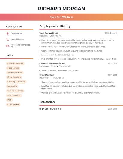 Take Out Waitress Resume