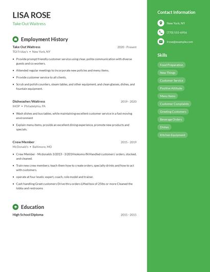 Take Out Waitress Resume