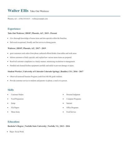 Take Out Waitress Resume