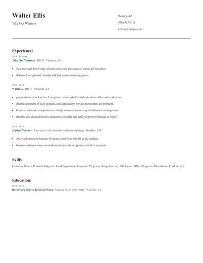 Take Out Waitress Resume
