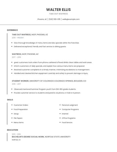 Take Out Waitress Resume