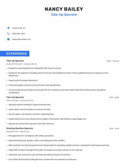 Take-Up Operator Resume