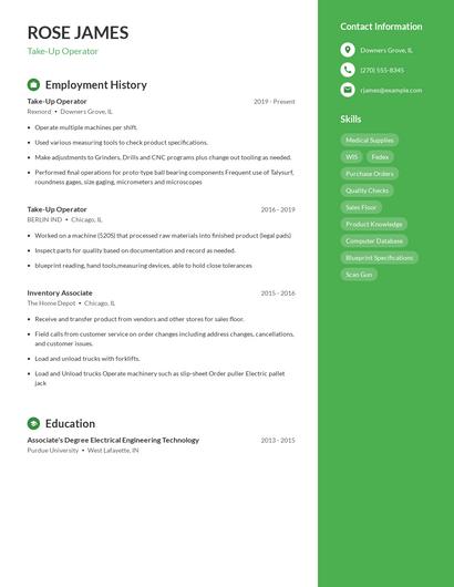 Take-Up Operator Resume