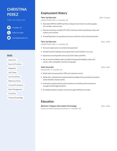 Take-Up Operator Resume