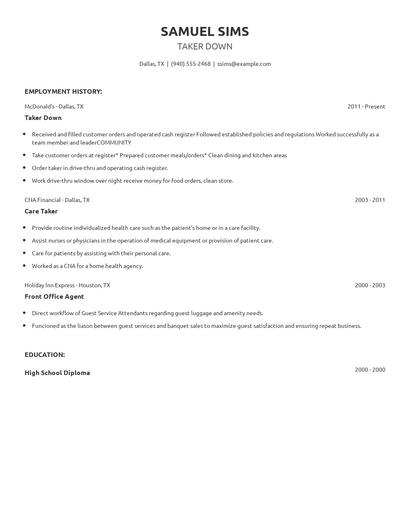 Taker Down Resume