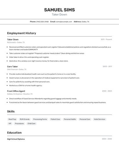 Taker Down Resume