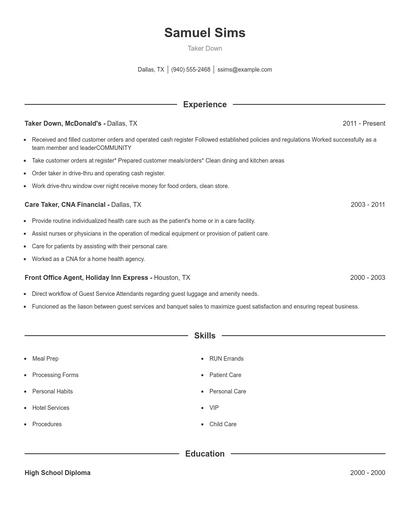 Taker Down Resume