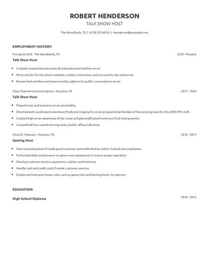 Talk Show Host Resume