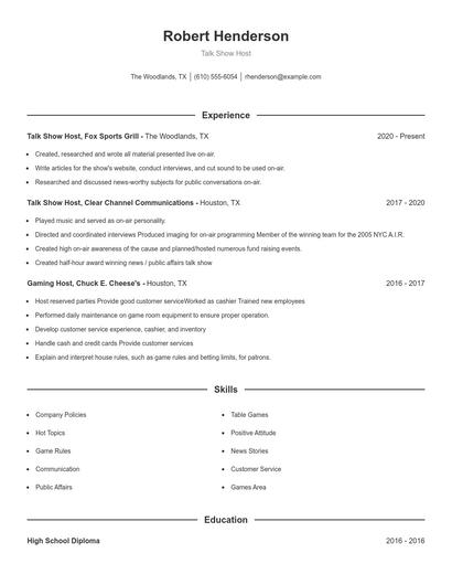 Talk Show Host Resume