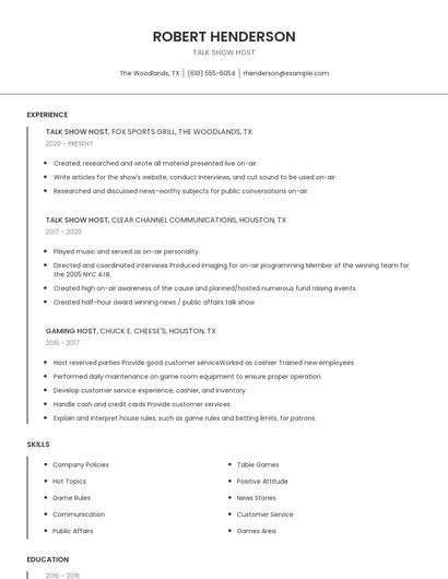 Talk Show Host Resume