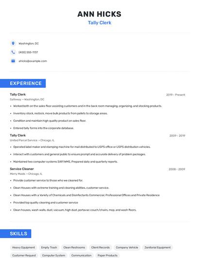 Tally Clerk Resume