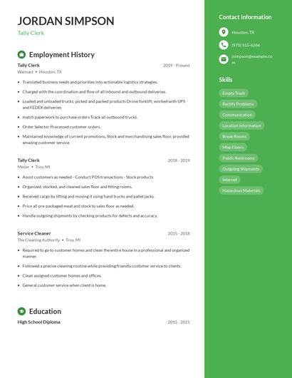 Tally Clerk Resume
