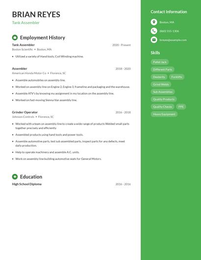 Tank Assembler Resume