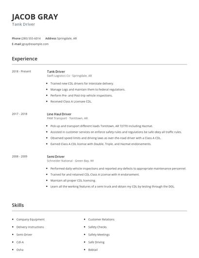 Tank Driver Resume
