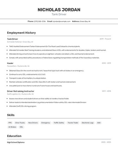 Tank Driver Resume