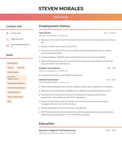 Tank Driver Resume