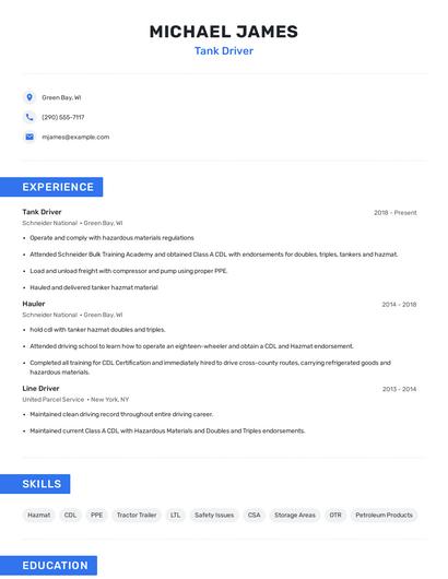 Tank Driver Resume