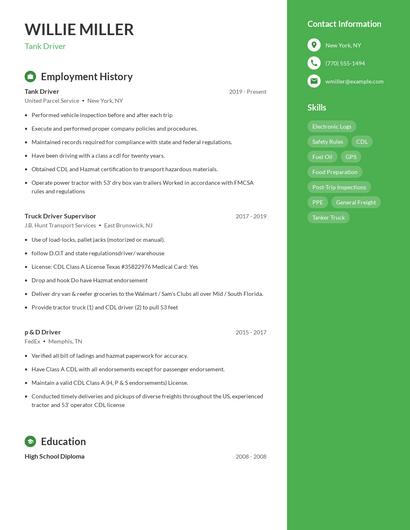 Tank Driver Resume