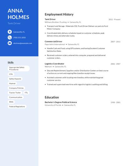 Tank Driver Resume