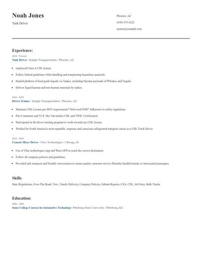 Tank Driver Resume