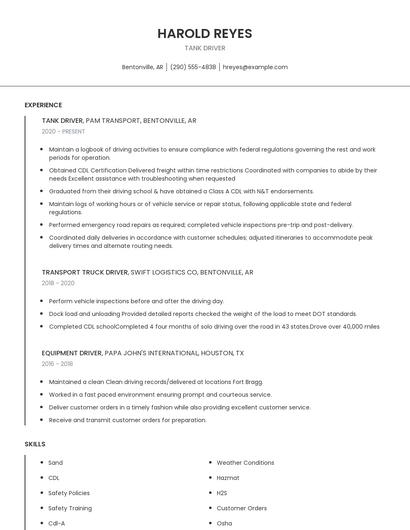 Tank Driver Resume