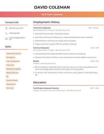 Tank Farm Operator Resume