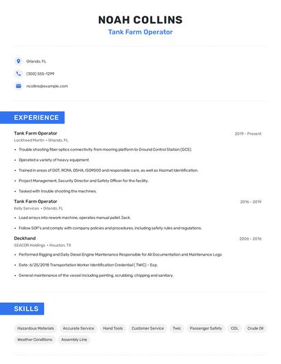 Tank Farm Operator Resume