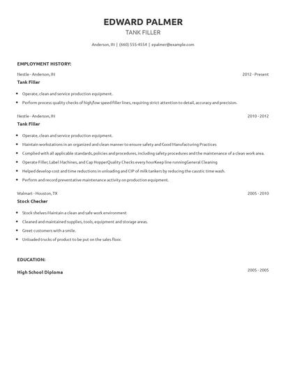 Tank Filler Resume